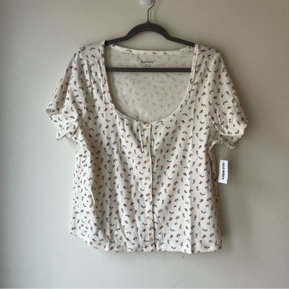 Old Navy Floral Button Front Ribbed Scoop Neck Tee 2X NWT Cottagecore Stretch - Picture 2 of 15